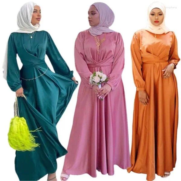 Roupas étnicas Eid Muçulmano Mulheres Vestido de Cetim Dubai Abaya Festa Elegante Vestidos Ramadan Turco Caftan Arábia Islâmica Feminino Médio Oriente