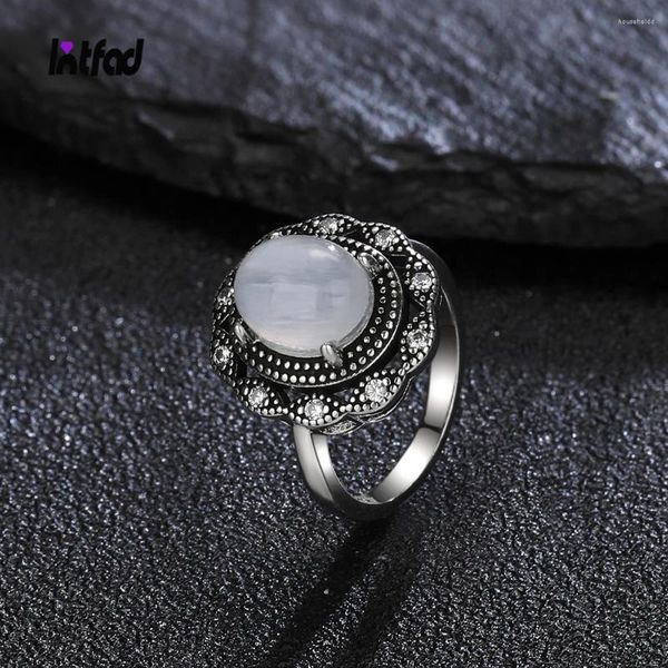 Anéis de cluster Natural 8/10mm Moonstone Turquesa Anel Vintage Sterling Silver 925 para Mulheres Ametista Festa Fina Luxo Jóias Presente