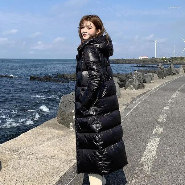 Trench da donna Giacca imbottita lucida Calore addensato invernale Stile coreano Con cappuccio sopra il ginocchio Stile occidentale lungo di grandi dimensioni
