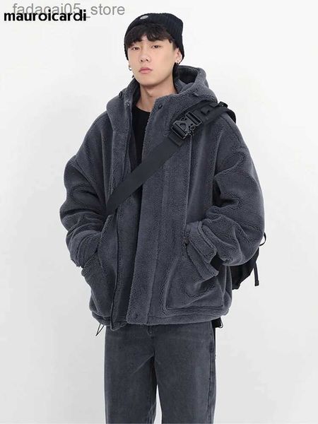 Parkas Mauroicardi Masculino Inverno Grosso Quente Oversized Cinza Escuro Sherpa Jaqueta Masculina com Capuz Zip Up Fofo Solto Casual Casaco de Pele de Cordeiro Falso 2022 Q240202