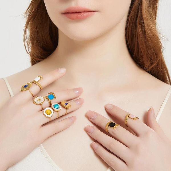 Кольца кластера GATTVICT, винтажное квадратное открытое кольцо из нержавеющей стали с геометрическим рисунком для женщин, эстетическое простое ювелирное изделие из натурального камня золотого цвета