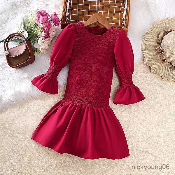 Abiti da ragazza Bambini Abito casual per vestiti per ragazze 2023 Autunno Nuovo bambino Carino manica lunga Principessa rossa Balza Abito Moda Bambini 2-8 anni