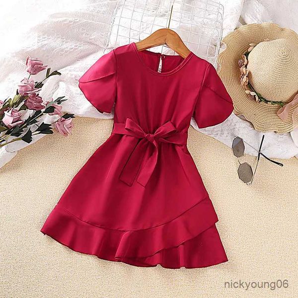 Vestidos da menina crianças vestido casual de verão para meninas criança manga curta vermelho sólido princesa vestido envoltório com cinto moda crianças roupas 2-8y