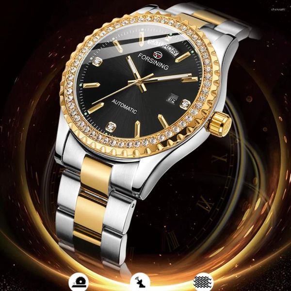 Orologi da polso FORSINING Marca Diamond Orologio da uomo in acciaio inossidabile con chiusura nascosta meccanica automatica in oro Orologio multifunzionale con data automatica e quadrante della settimana