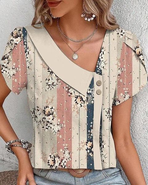 Frauen Blusen Mode Kurzarm Druck Frauen Tops Und 2024 Sommer Tasten Casual Top Femme Büro Damen Hemd Bluse