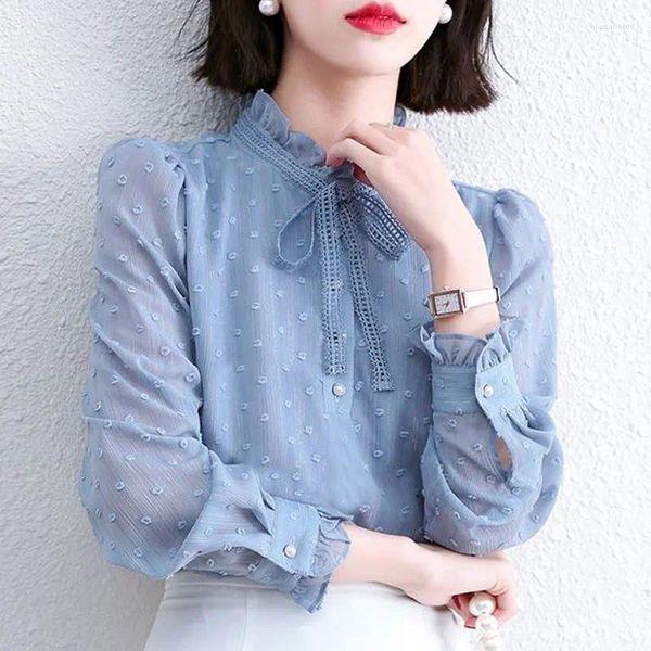 Camicette da donna Primavera Autunno Elegante colletto alla coreana Camicia elegante con coulisse Arco 2024 Abbigliamento femminile Coreano Colore solido Chic Bottone perla