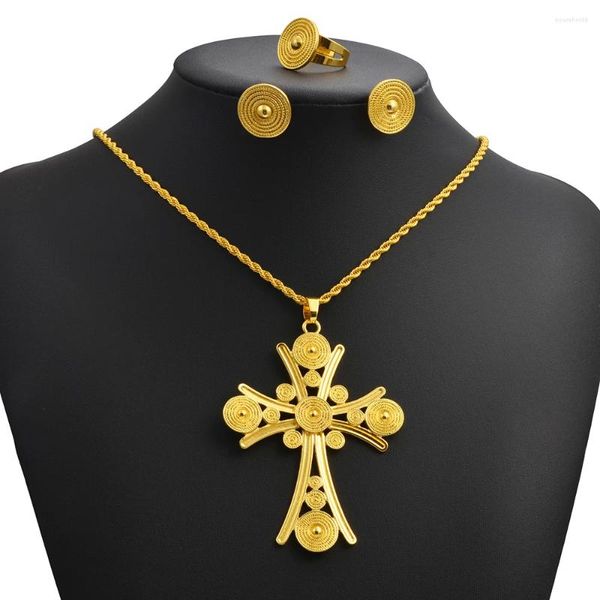 Collana Orecchini Set Etiope Eritrea Etnica con grande Croce Collane con pendente Anelli Donne Ragazze Africa Festa di nozze # 340106