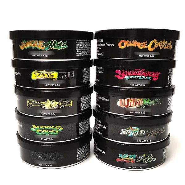 atacado 10 Tipos 3.5G Jungle Boy Tuna Can garrafa 100ML Cali Presstin Latas com adesivos Vazio Seco erva flor Recipiente de Metal 7323mm