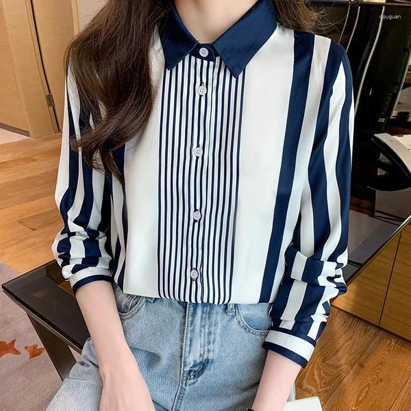 Damenblusen Camisas Y Blusas Gestreifte Chiffon-Oberteile und Hemden für Frauen Langarm Koreanischer Stil Büro Elegant Trendige Streetwear