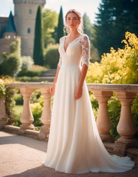 Abiti da sposa avorio Abiti da damigella d'onore bianchi Nuova linea A formale personalizzata con lacci Taglie forti Cerniera applique con perline scollo a V con mezza manica in chiffon