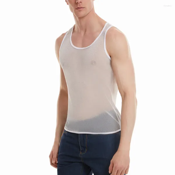 Regatas masculinas casual malha transparente brilho colete t-shirts camisa de fitness undershirt muscular sem mangas tanques roupas masculinas