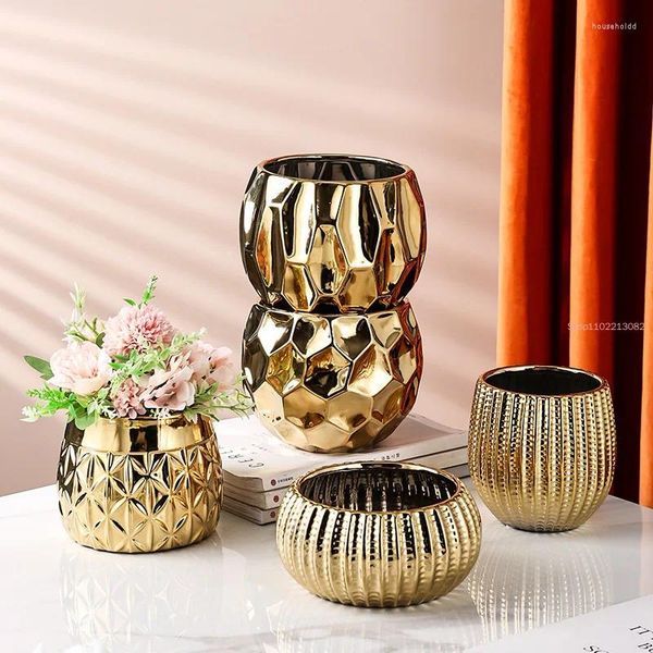 Vasos nórdico ouro vaso de cerâmica forma geométrica vaso de flores arranjo de escritório decorativo decoração de casa