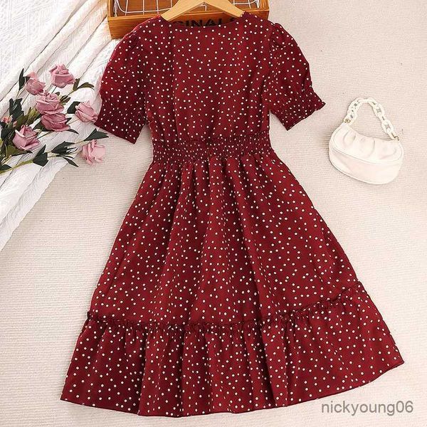 Mädchen Kleider Kind Casual Kleid für Mädchen Sommer 2023 Neue Kinder Kurzarm V-ausschnitt Dot Print Rot Prinzessin Kleid Mode Kleidung 7-14Y