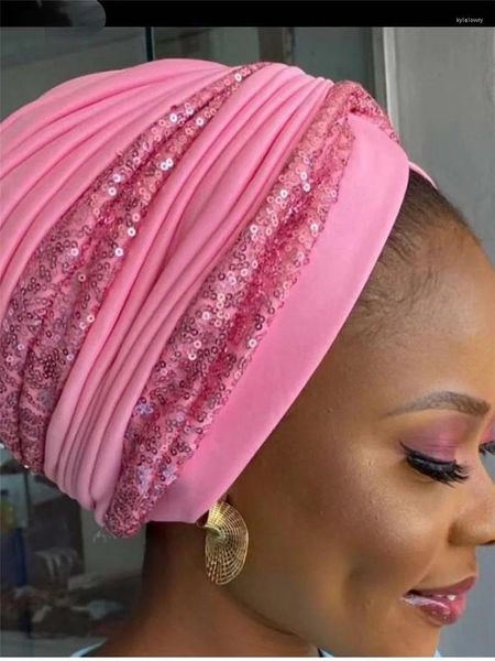 Roupas étnicas Muçulmanas Hijabs Africano Headtie Shimmer Lantejoulas Plissadas Chapéu Nigeriano Senhoras Cabeça Envoltório Chemo Caps Twisted Turban Mulheres Auto Gele