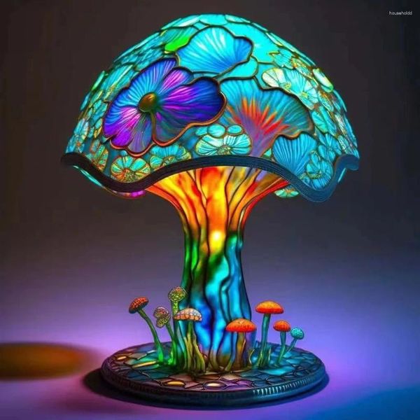 Lampade da tavolo Lampada a fungo in vetro colorato creativo Serie di piante animali vintage a forma di camera da letto in resina Decora Luce per atmosfera domestica