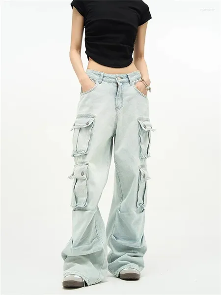 Мужские джинсы, женские потертые синие широкие брюки с несколькими карманами, повседневные брюки-карго, винтажные американские уличные женские свободные прямые джинсовые брюки