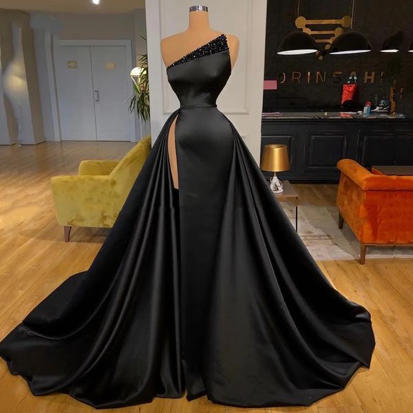 Luxo preto baile de formatura vestido de aniversário 2024 sem alças preto diamante cristal cetim miçangas sereia pageant noite vestidos formais robe de soiree