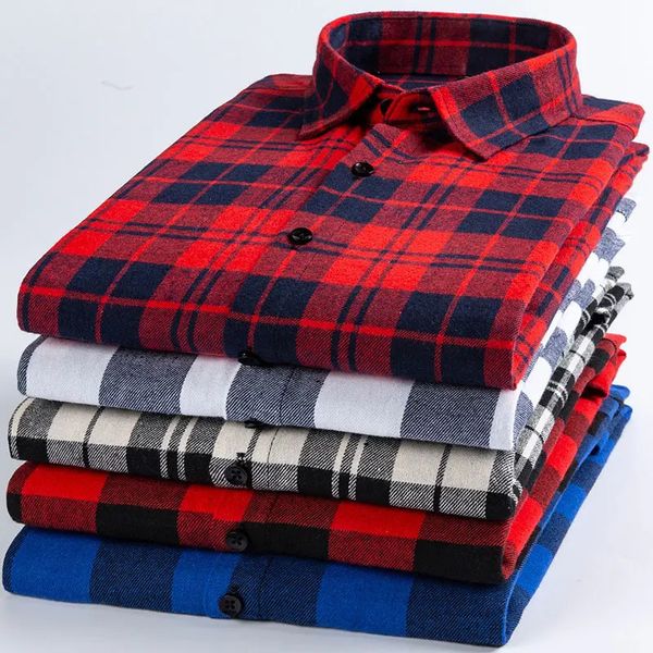 Camicia da uomo a maniche lunghe in cotone moda primavera e autunno spazzolato rosso scozzese da lavoro per il tempo libero in flanella senza stiratura 240122