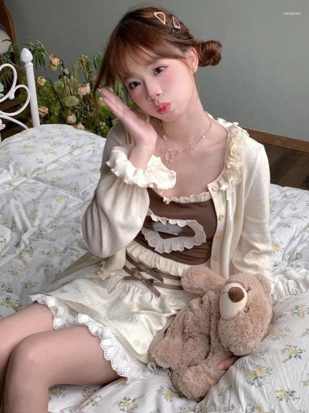 Vestidos de trabalho coreano lolita kawaii saias terno feminino doce bonito 3 peça conjunto feminino renda impressão colete festa mini saia puff manga cardigan