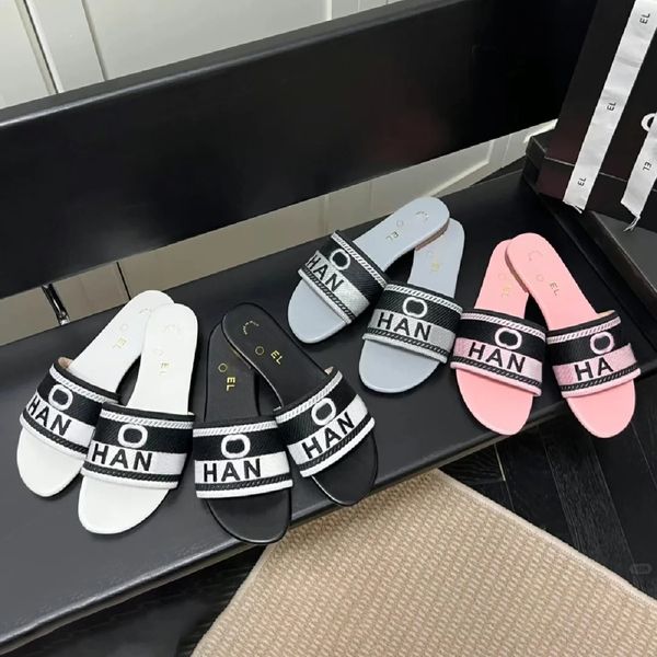 Embroider fabric tazz Slipper Mule Womens Man Summer beach sandal pool Channel flat Heel luxury sunny Casual Designer Shoe canvas outdoors slide loafer sandales