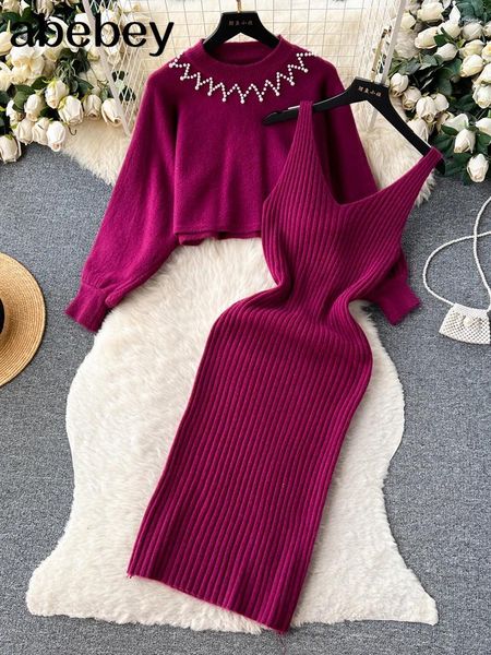 Casual Kleider Frauen Elegante Dünne 2024 Zwei Stück Sets Weibliche Pullover Kleid Winter Hohe Taille Gestrickte Ensemble Femme Medium Lange party