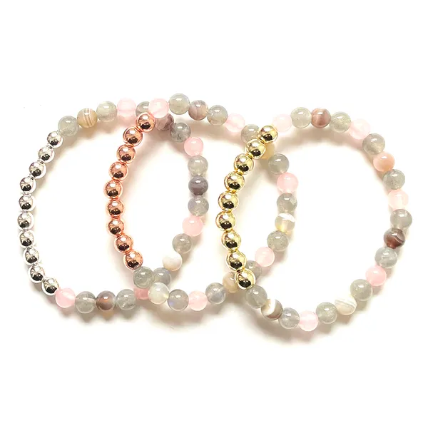 Mg2054 novo design 6 mm botswana ágata madagascar quartzo rosa labradorite pulseira mista feminina cooper contas yoga pulso mala