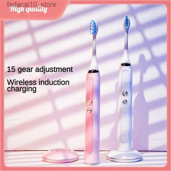 Spazzolino da denti Ricarica wireless Spazzolino elettrico sonico Set abbinato Regalo amante Adulti Caricatore cordless elettronico con setole morbide Rosa e bianco Q240202