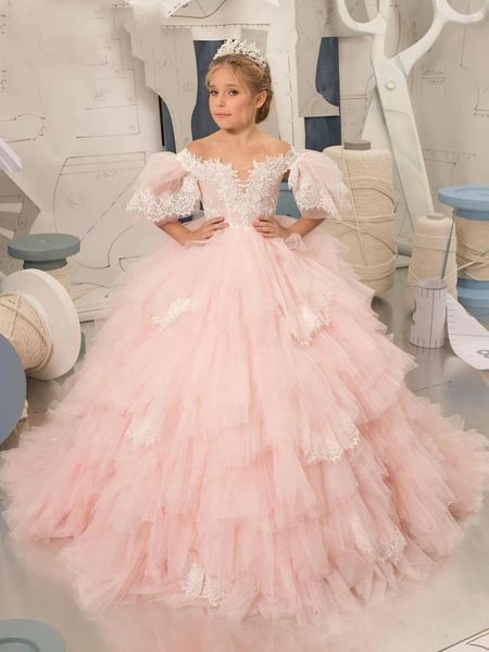 Mädchenkleider, Blumenkleid, rosa, flauschig, mehrlagig, mit Blasenärmeln, Applikation, Hochzeit, kleine Kinder, Heilige Kommunion, Abschlussball