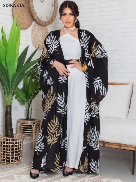 Abbigliamento etnico Siskakia Abaya per le donne Dubai 2024 Maglia nera ricamata sul davanti Abaya aperto e gilet bianco con scollo all'americana 2 pezzi Set musulmano