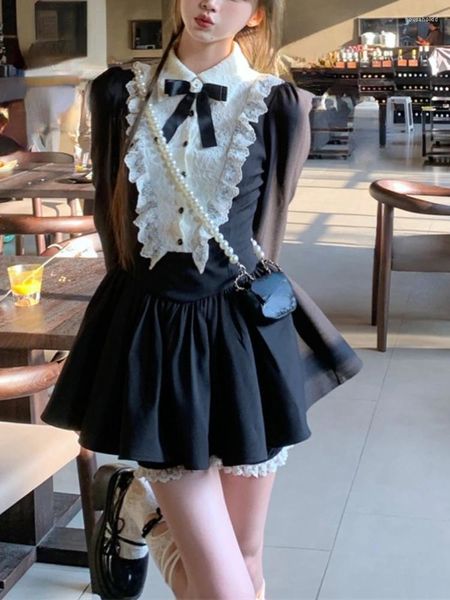 Lässige Kleider Süße Kawaii Spitze Minikleid Frau Lolita Vintage Schwarz Mode Party Einteiler Koreanischer Stil 2024 Herbst Slim