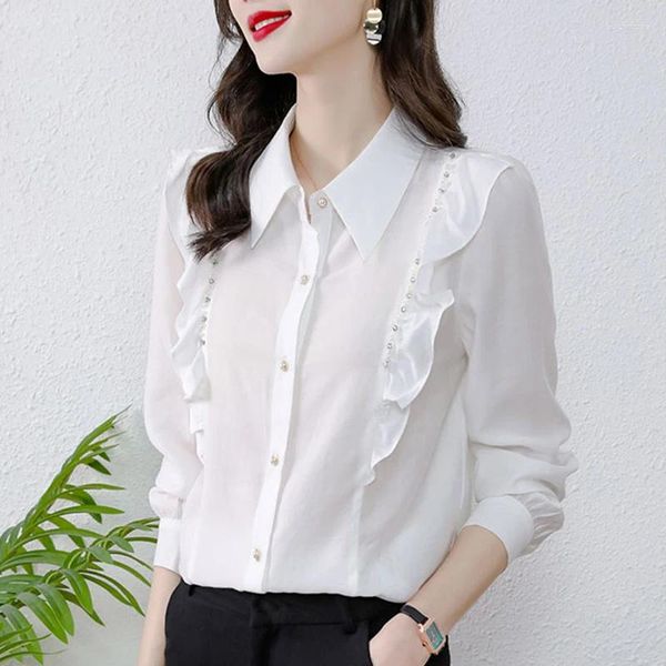 Женские блузки Lucyever 2024, весенние белые женские блузки с оборками, модные однобортные корейские рубашки с жемчужной цепочкой и отложным воротником