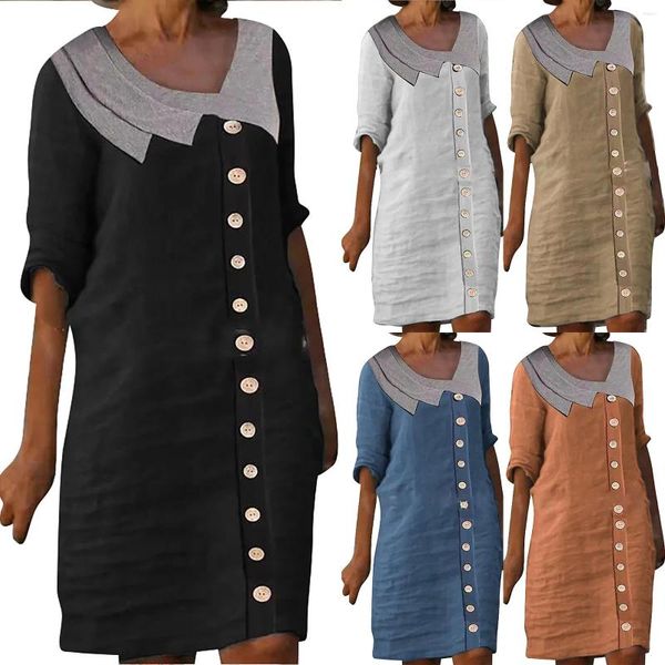 Sıradan Elbiseler Kadın Pamuk ve Keten Renk Eşleşen Tek Kelime Breated Kadın Uzun Kollu Maxi Kadın Elbise