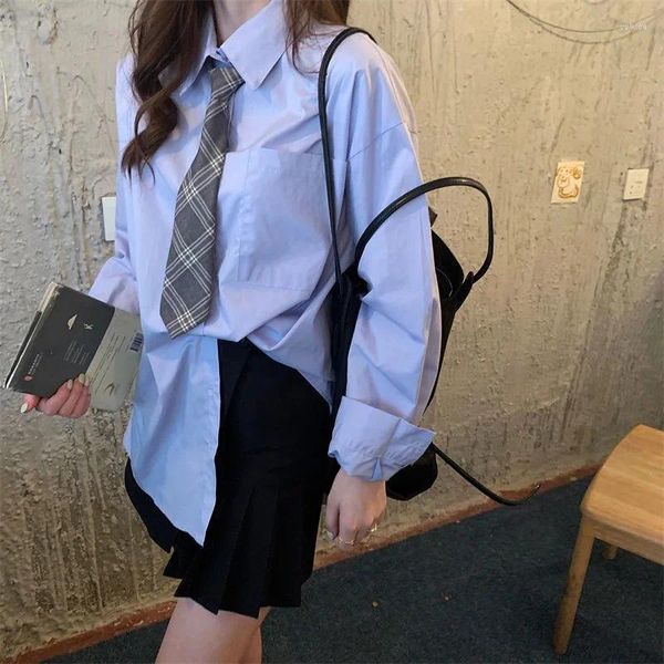 Camicette da donna Deeptown Casual Donna Vintage Oversize Preppy Style Manica lunga Camicie blu con cravatta Top bianco Uniforme scolastica coreana JK