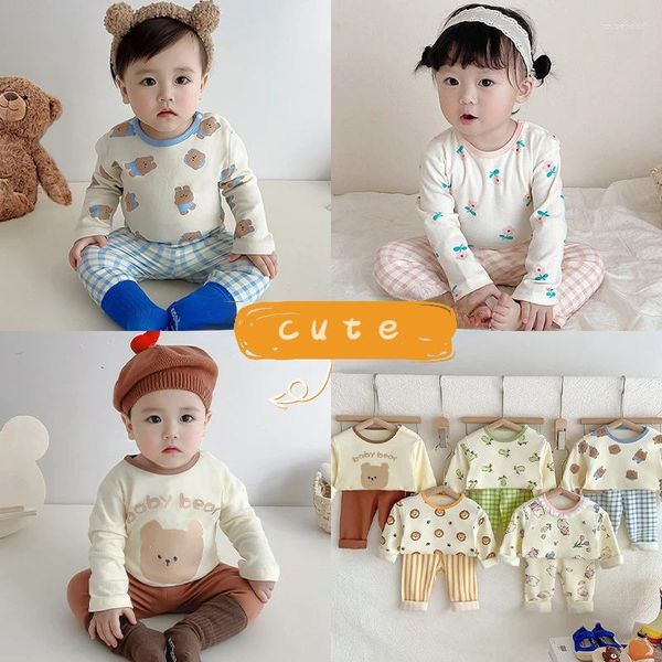 Комплекты одежды 2024, корейский комплект детской домашней одежды Ins, хлопковые осенние штаны, пижамы для мальчиков и девочек, детская зимняя домашняя одежда от 0 до 24 месяцев