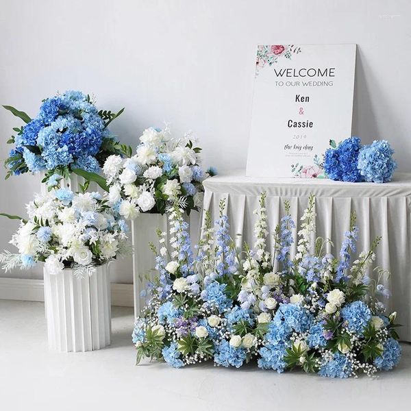 Flores decorativas azul branco rosa mesas artificiais peças centrais bola de flor para decorações de recepção de casamento po fundo decoração