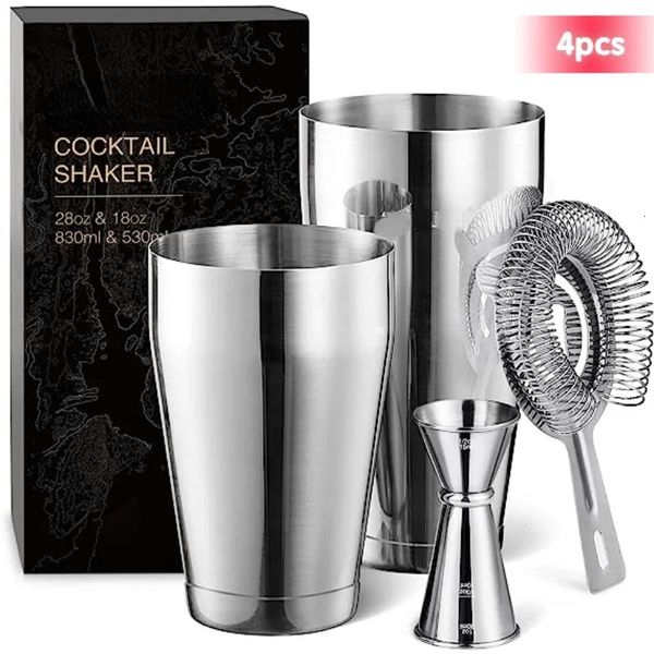 Misturador de coquetel conjunto 4 pçs boston shaker latas bartender kit 18oz 28oz bebida mista shaker filtro dupla medição jigger 240124