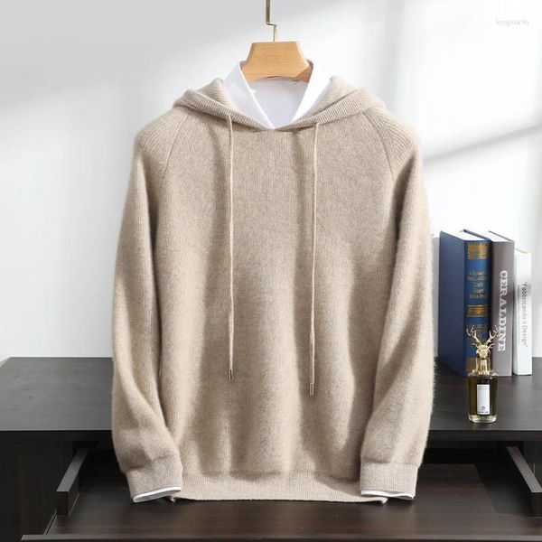 Suéter masculino ATTYYWS pulôver puro caxemira com capuz suéter casual de malha de alta qualidade de manga comprida S-XXXL