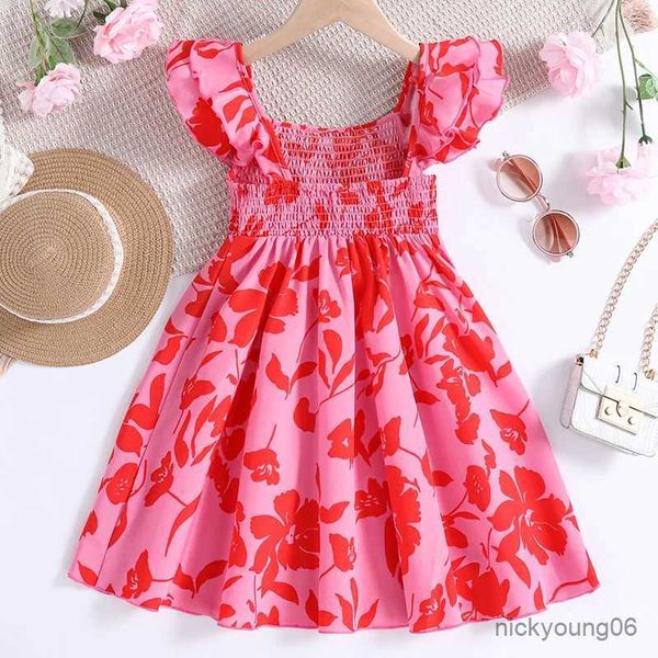 Vestidos da menina crianças vestido casual para meninas roupas de verão 2024 nova criança flor impressão vermelho vestido de princesa crianças moda sundress 2-8y