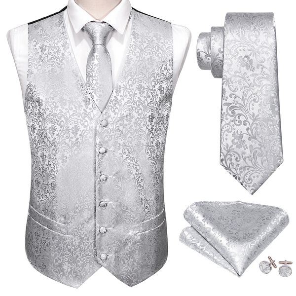 Argento Uomo Abito da sposa Gilet floreale Jacquard Folral Gilet di seta Gilet Fazzoletto Cravatta Set BarryWang Design 240119