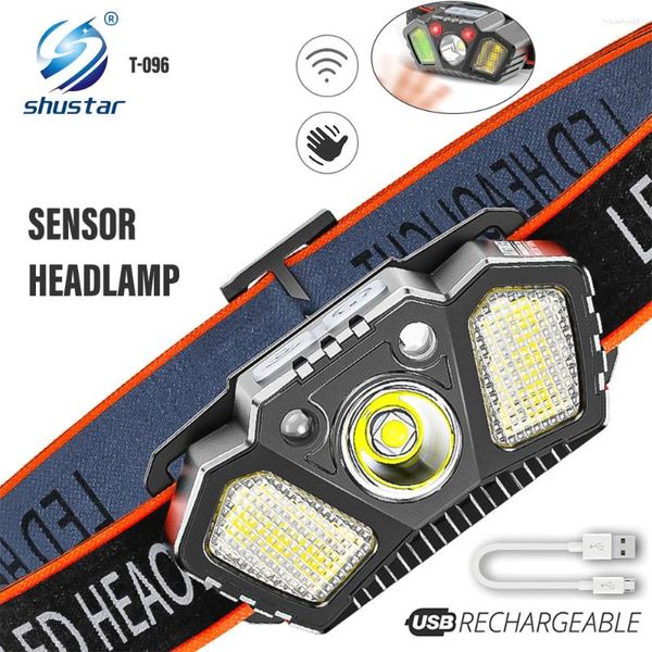 Faróis USB Sensor Recarregável LED Farol Super Brilhante Farol Montado Luz de Pesca Múltiplos Modos de Iluminação