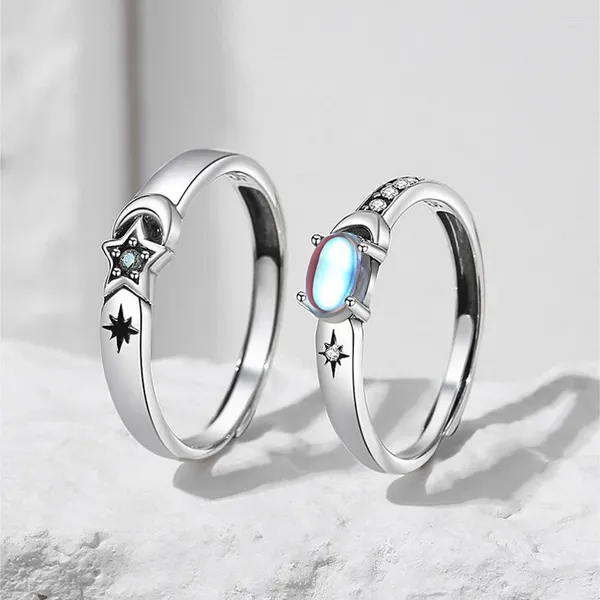 Cluster Ringe Europäische S925 Sterling Silber Mondlicht Stein Sterne Paar Offener Ring Für Frauen Männer Geburtstag Hochzeit Valentinstag Schmuck