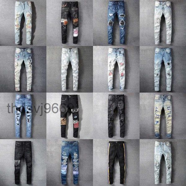 Stack Stacked Jeans European Purple für Herren Quilting Ripped Trend Brand Vintage Pant Fold Slim Skinny VXQO