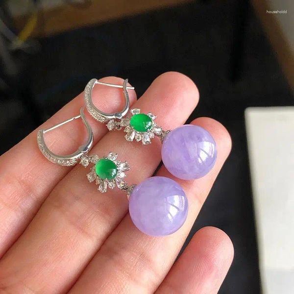 Orecchini pendenti con perline di calcedonio viola naturale per donne Diamanti intarsiati in argento con gioielli da sposa con fibbia per orecchio con ciondolo alla moda vintage