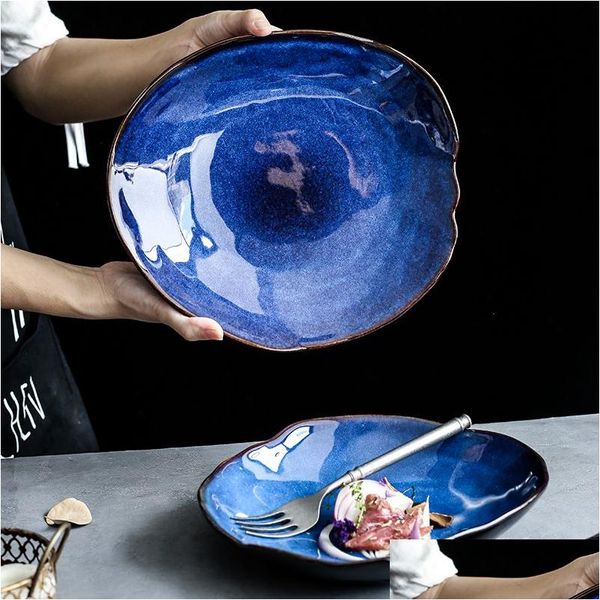 Geschirr Teller Keramikplatte Irregar Geschirrserie Western Food Europäische blaue Glasur Salatschüssel Hauptgericht Küchenbedarf 201217 Dhfy0