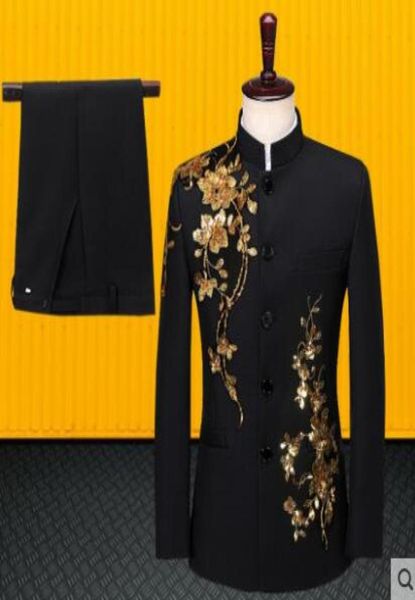 Sahne Çin Tunik Takım Erkekler Blazer Pantolonlu Mens Düğün Takım Şarkıcı İnce Resmi Elbise Men039s Damat Takım Stand Kömçesi3379617