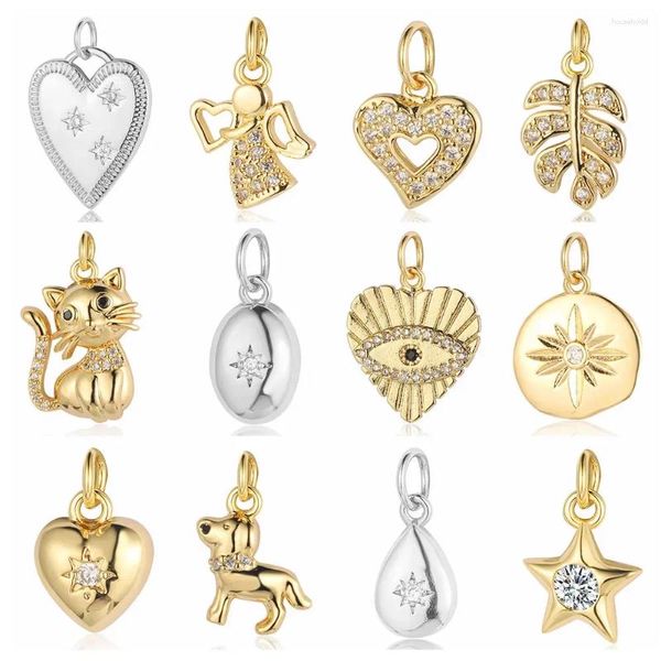 Charms 3 Stück/Lot Engel Herz Kupfer Kubikzircon Katze Hund Böser Blick Stern Monstera Blatt Armband Ohrring Halskette Anhänger