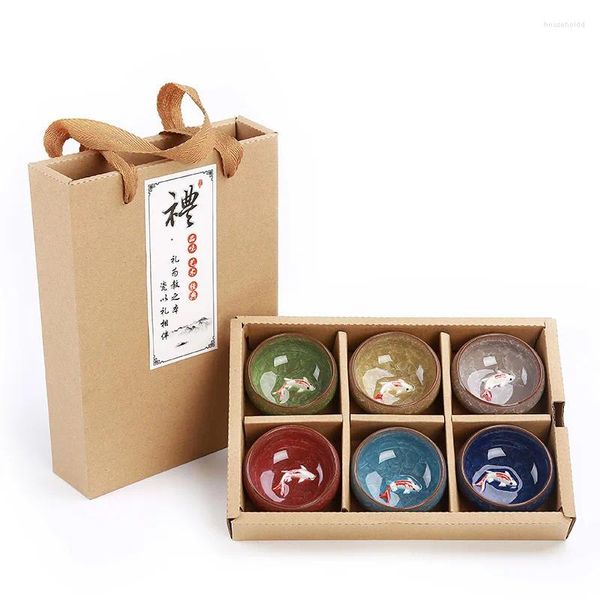 Teegeschirr-Sets, Geschenk, 6-teilig, Keramik, 3D-Goldfisch, chinesisches Teetassen-Set, Kungfu-Tee, rissige Glasur, Reise-Teeschale