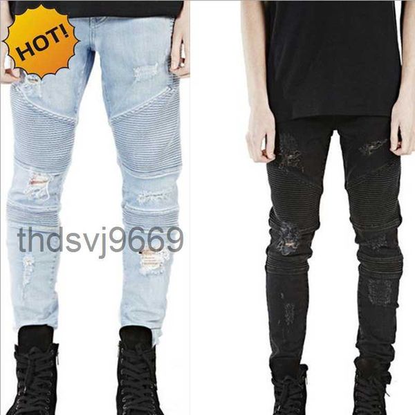 Atacado-Hot Hip Hop Buraco Rasgado Jeans Homens Moda Pista Plissada Angustiado Biker Boy Azul / Preto Calças de Motocicleta Bottoms 28-40 5ME5