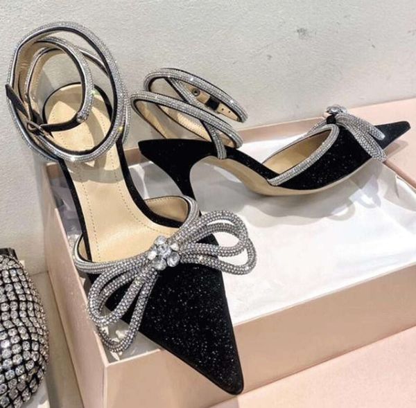 2024 papillon in raso sandali con tacco alto e scarpe papillon scintillante strass avvolgere la caviglia da donna banchetto nuziale da donna tacco alto in cristallo