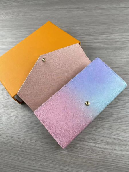 Designer de moda mulheres 3 cores cor gradiente carteiras longas bolsa de pulso de luxo iridescente bolsa passaporte id titular do cartão de crédito couro artificial com caixa